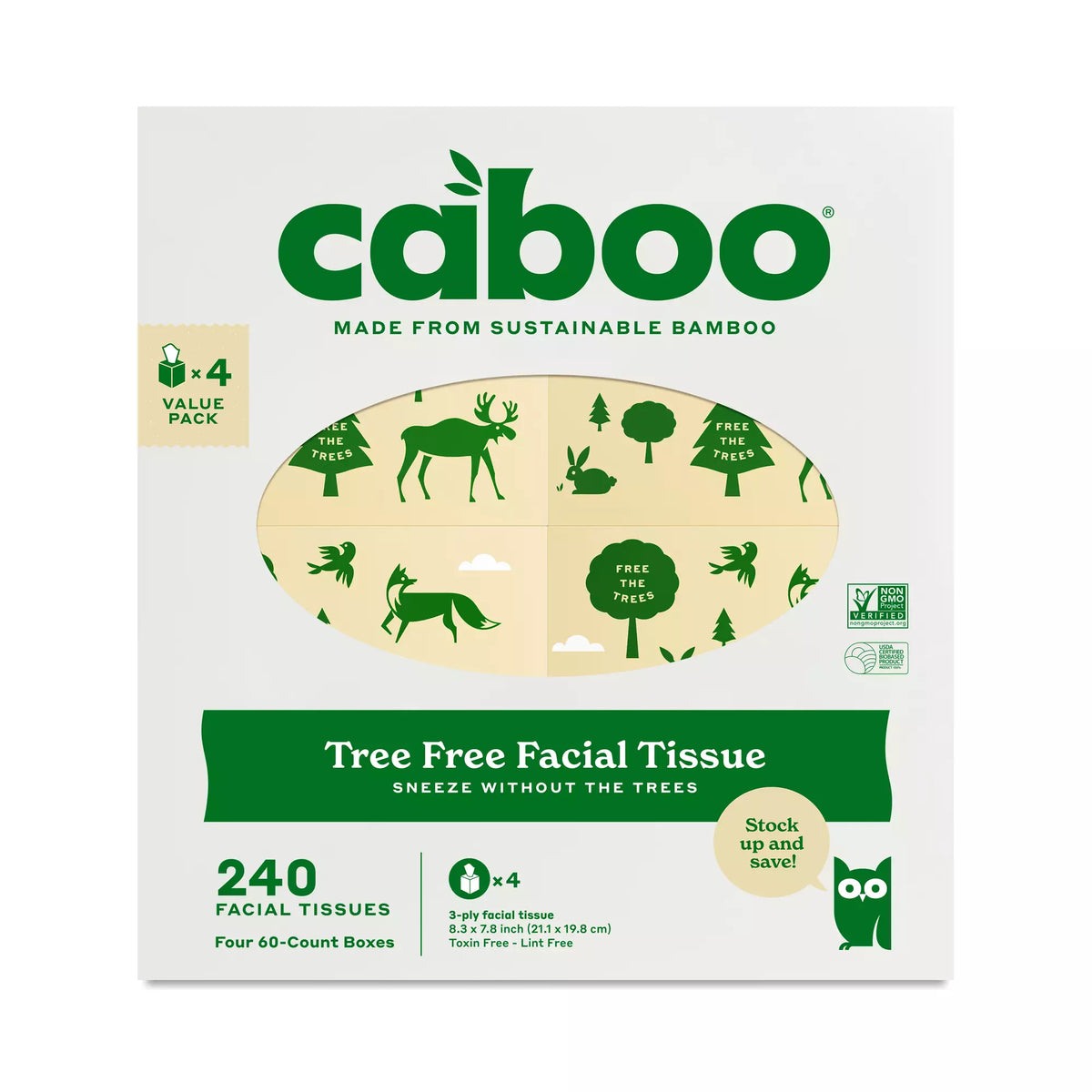 Caboo Tree Free Facial Tissue packaging, featuring a white box with green branding, a circular graphic of natural forest motifs, and text indicating 240 facial tissues in a value pack of four.