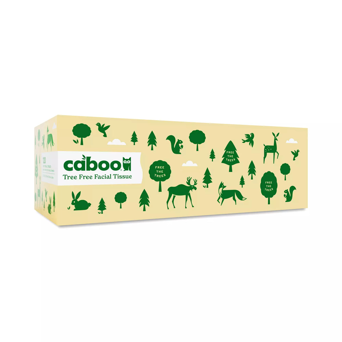 A rectangular box of Caboo Tree Free Facial Tissue on a plain white background. The box is pale yellow with green forest illustrations including trees, a rabbit, a deer, a squirrel, and birds, and a white label on the side with the brand name 'caboo' and the text 'Tree Free Facial Tissue'.