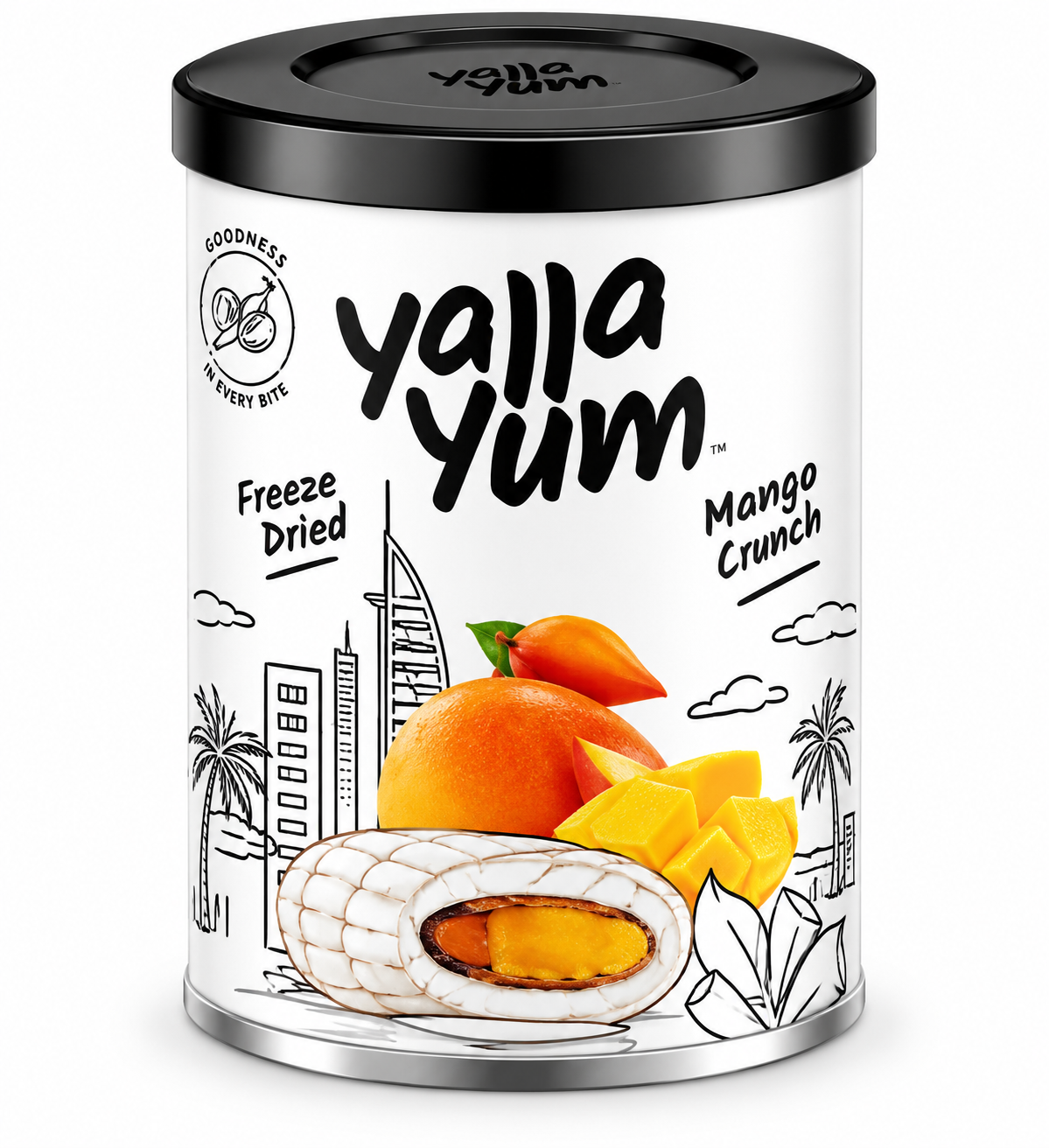 A cylindrical tin of Yalla Yum Freeze Dried Mango Crunch freeze-dried fruit bites, featuring a white label with black illustrations and a black lid, set against a plain white background.