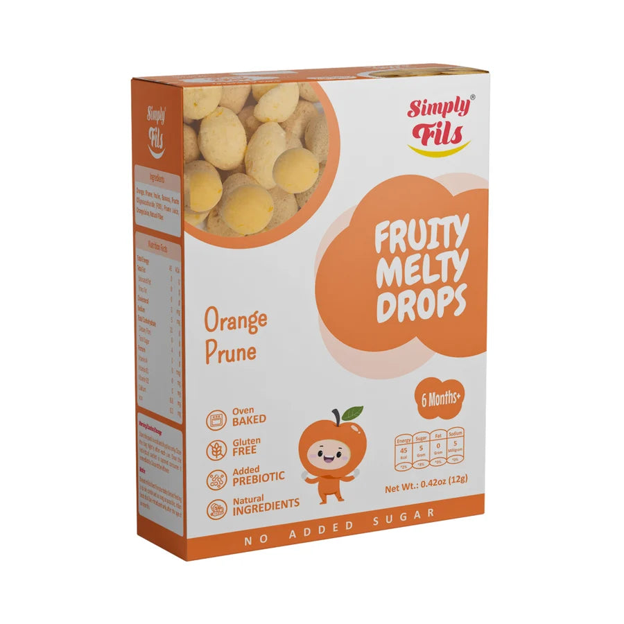 Box of Simply Fills Fruity Melty Drops in Orange Prune flavor on a white background