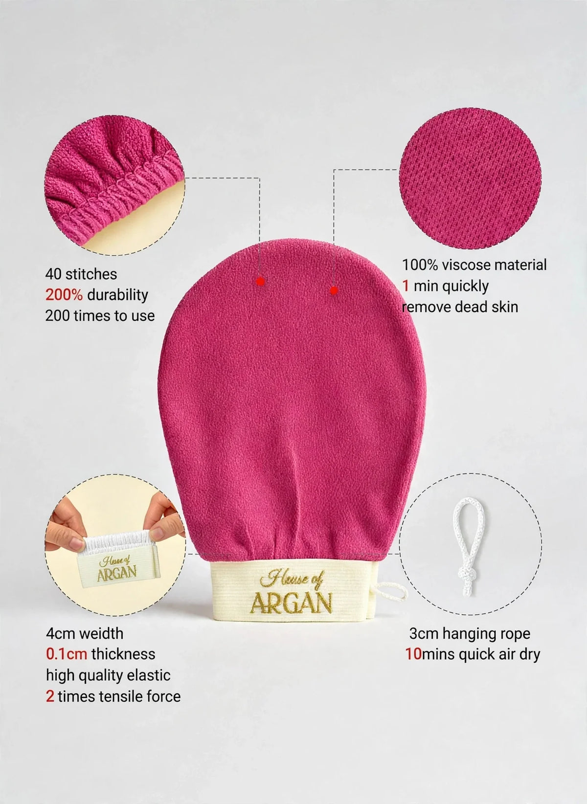 A pink exfoliating hand mask with product details and feature callouts on a light gray background. The mask has a cream-colored band at the bottom with 'House of ARGAN' printed in gold.