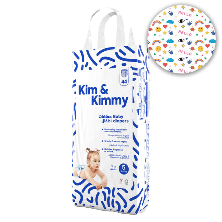 A package of Kim & Kimmy Size 5 Baby Diapers, size 44 count, featuring a white and blue patterned design with a baby illustration. An oval inset in the top right shows the diaper pattern with colorful smiley faces, hearts, rainbows, and 'HELLO' text.