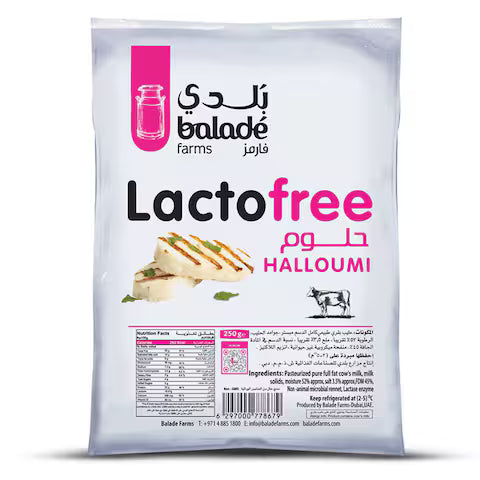A 25kg bag of Balade Farms Lacto Free Halloumi cheese powder, featuring a white packaging bag with pink and black text and a graphic of sliced halloumi cheese.