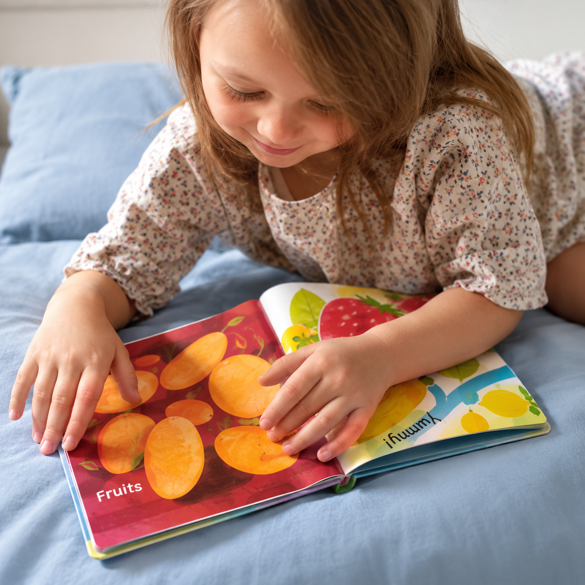 A young girl with light brown hair lies on a blue bed, reading a colorful children's picture book about fruits.