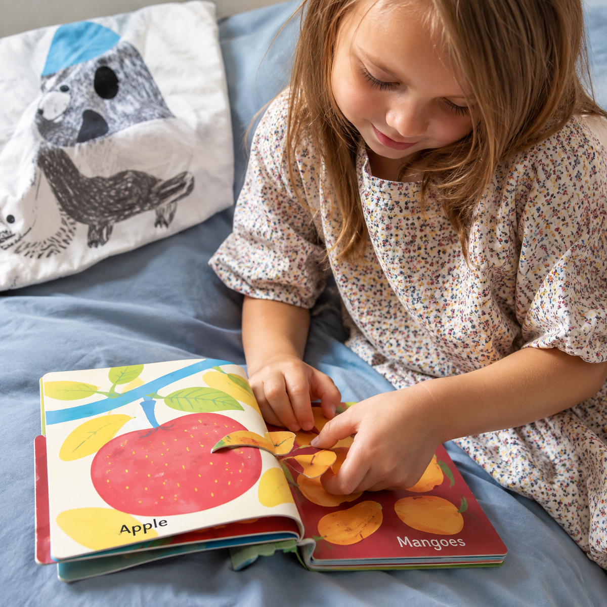 A young girl with light brown hair sits on a blue bed, smiling while looking at an interactive children's picture book. She is wearing a cream-colored short-sleeve dress with a small floral pattern.