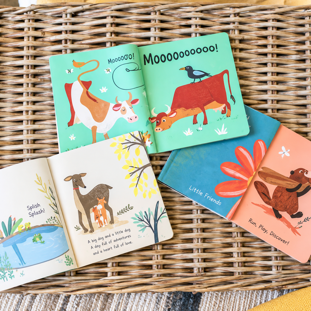 A set of colorful children's board books fanned out on a woven wicker tray. The books feature playful illustrations of animals and simple nursery rhymes, with one open book showing a cow and another showing a goose.