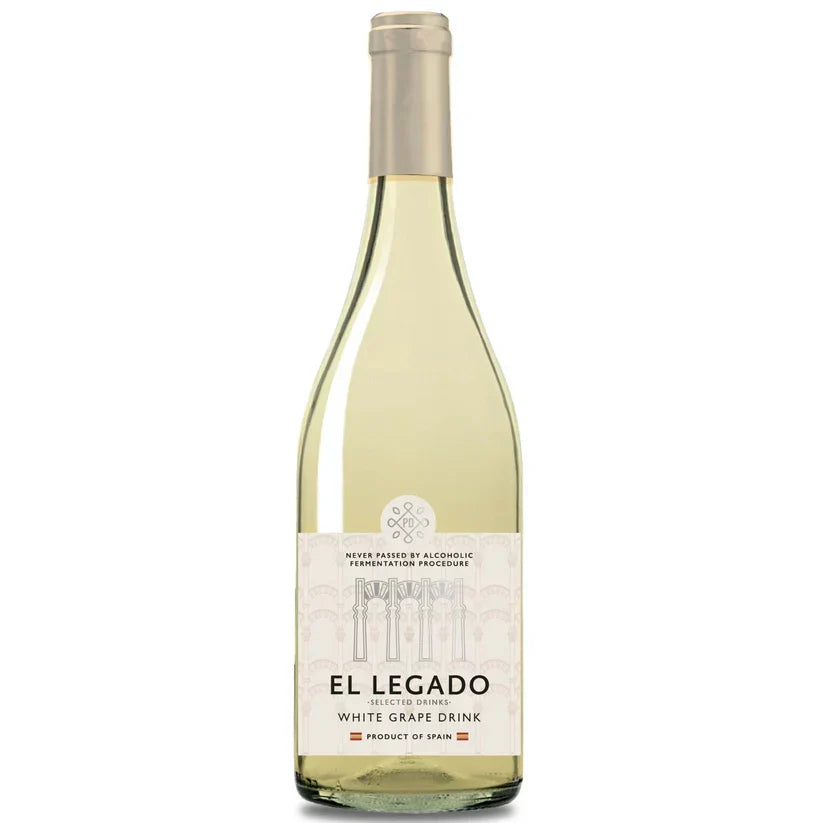Bottle of El Legado white grape drink on a white background