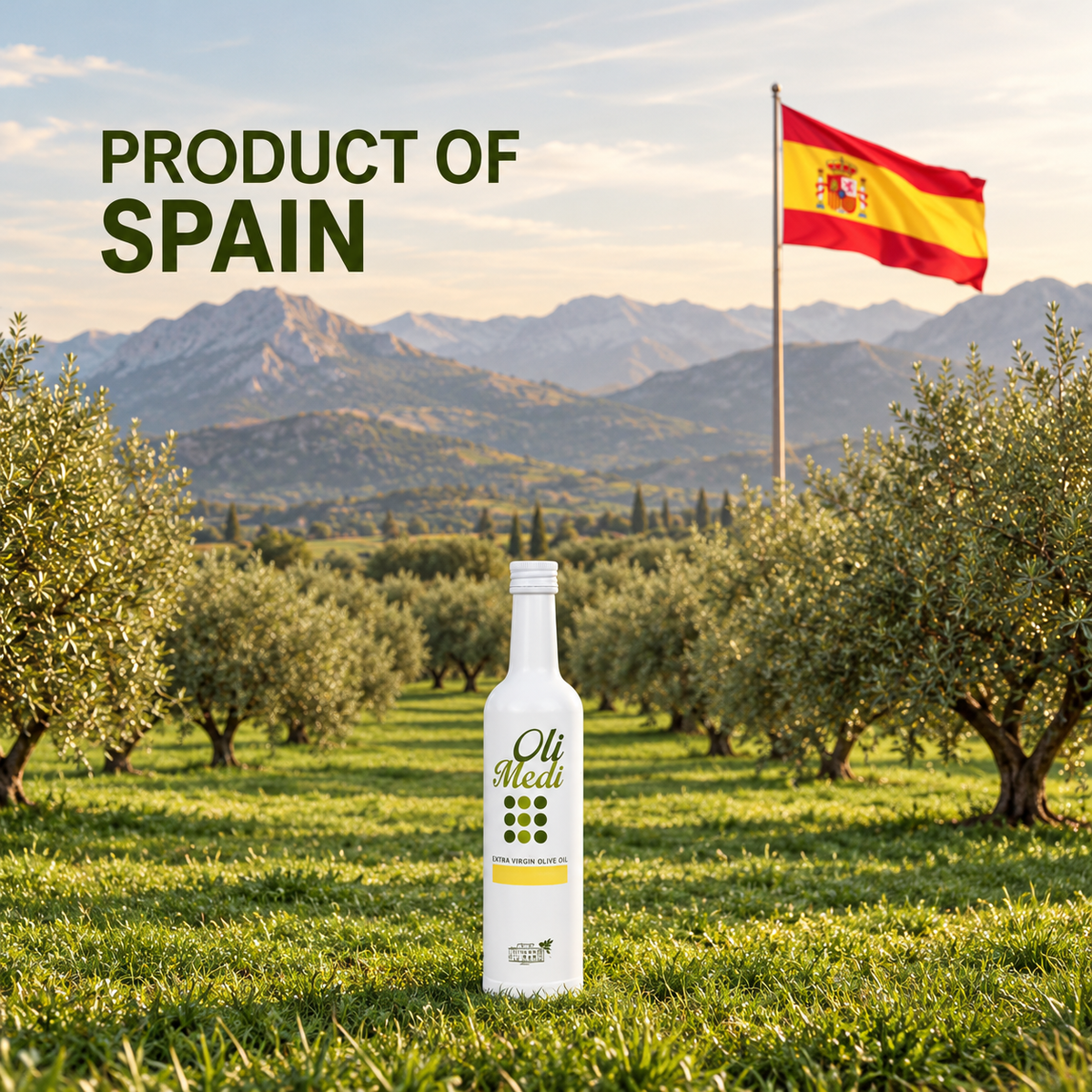 A white bottle of Oli Medi olive oil stands in a sunlit olive grove with mountains and a Spanish flag in the background. Large text at the top reads 'PRODUCT OF SPAIN'.