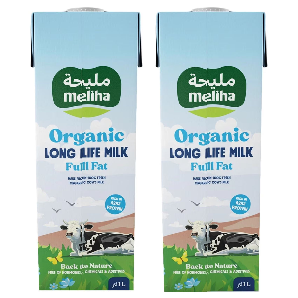 Two 1L cartons of Meliha Organic Long Life Milk Full Fat, featuring a light blue sky and grassy field design with a cow illustration.