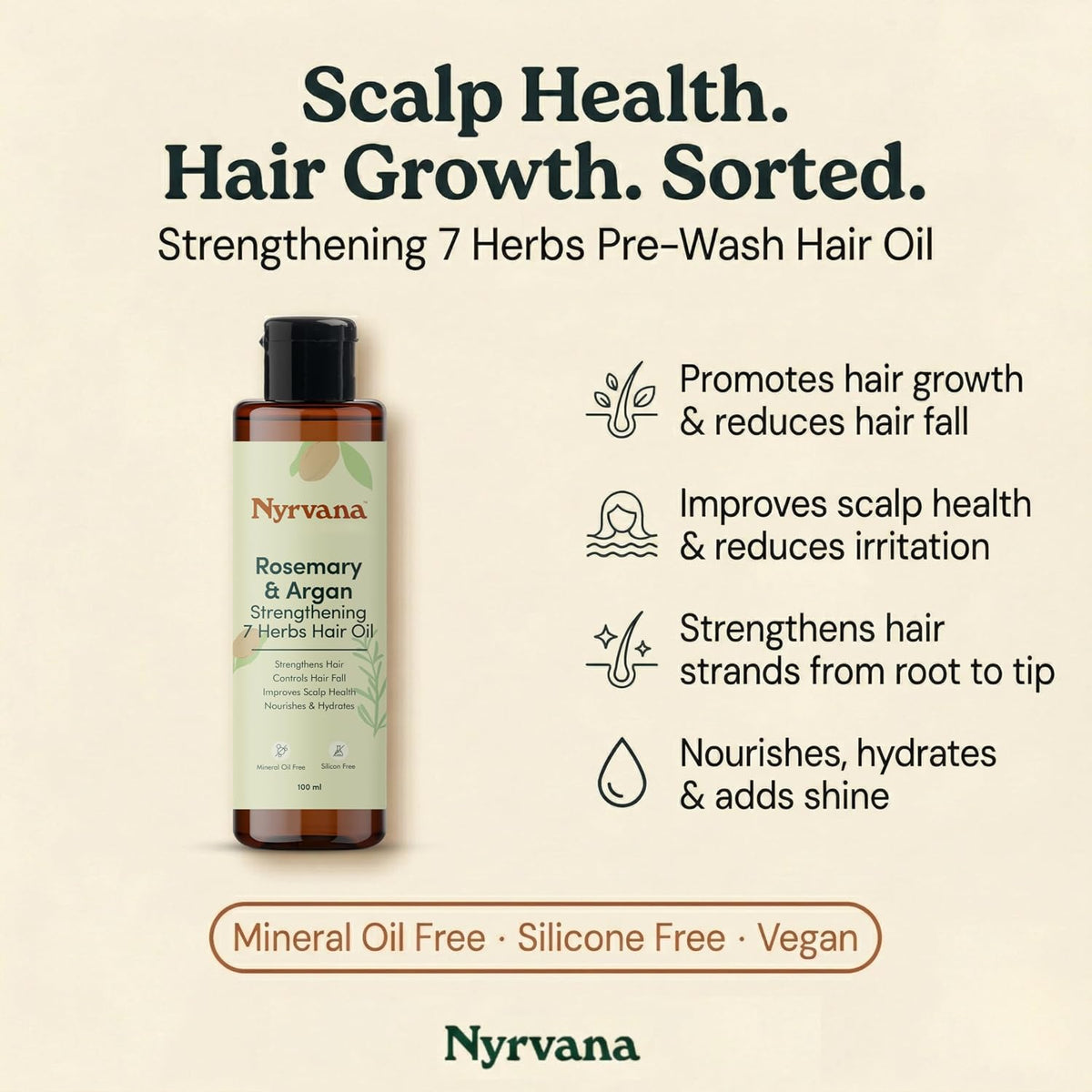 Nyrvana Rosemary & Argan Strengthening Herb Hair Oil bottle shown on a light beige background with marketing text and benefit callouts about scalp health, hair growth, and hair shine.