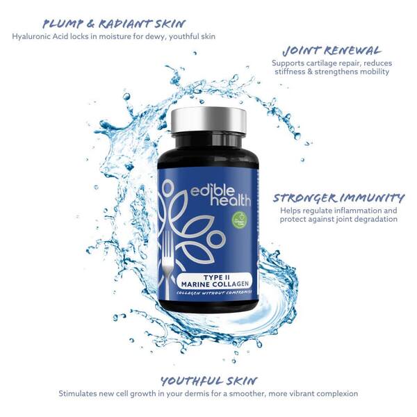 A bottle of Edible Health Marine Collagen Type II centered on a white background with a blue water splash behind it. Surrounding text highlights skin and joint benefits.